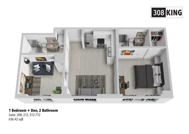 Student Rental, 1 Bedroom + Den with 2 bathroom floorplan