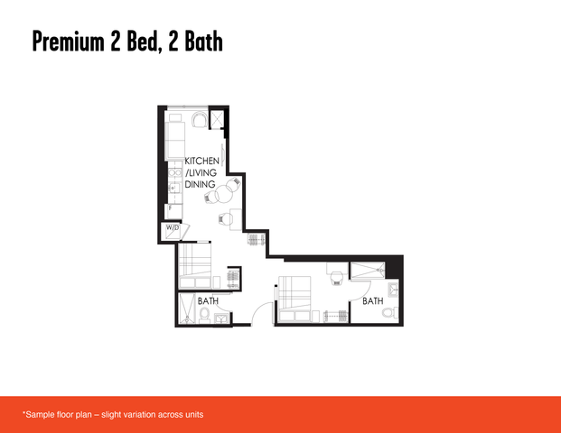 Innovative floor plan highlighting 2 bedrooms and 2 baths with an open kitchen and dining area.