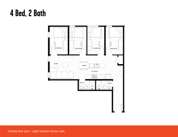 4 bedroom, 2 bathroom floor plan with open living and dining area, featuring a modern kitchen at See-More student housing Halifax.
