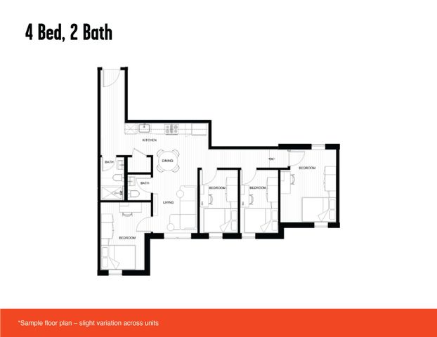 Elegant floor plan showcasing 4 bedrooms, a modern kitchen, dining area, and spacious living room.