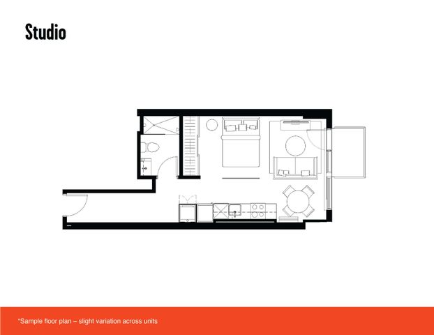 Compact studio floor plan featuring a combined living and sleeping area with an efficient kitchen layout at Link Apartments student housing Montreal.
