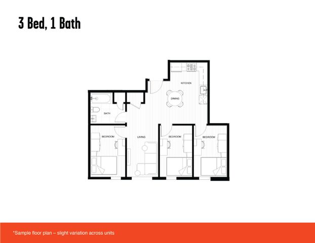 Elegant 2D floor plan illustrating 3 bedrooms, an inviting living room, and a functional kitchen at See-more student housing Halifax.