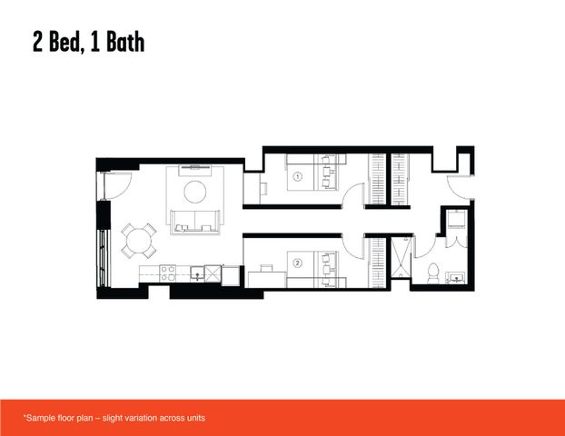 Contemporary floor plan featuring 2 bedrooms and 1 bath with an open-concept living and dining area at Link student housing Montreal.