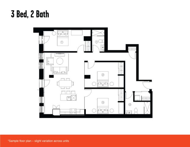 Detailed 2D floor plan displaying 3 bedrooms and 2 bathrooms with open living and dining spaces at Link student housing in Montreal.