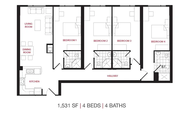 Detailed floor plan showcasing 4 bedrooms, 4 baths, a modern kitchen, and an open-concept living-dining area in 1,531 sq ft.