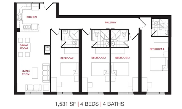 Detailed floor plan showing a 4-bedroom, 4-bathroom apartment with a kitchen, dining room, and living room.
