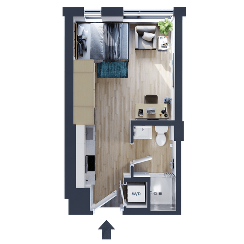 Modern studio apartment layout featuring a cozy bedroom, open living area, compact kitchen, and stylish bathroom with in-unit laundry.
