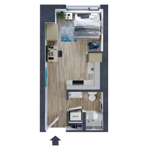 Modern studio apartment floor plan featuring a cozy sleeping area, compact kitchen, sleek bathroom, and dedicated workspace.