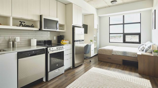 Modern studio apartment with integrated kitchen and cozy sleeping area, featuring stainless steel appliances and a large sunlit window.