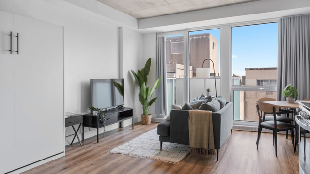 Modern living room with stylish decor, featuring a cozy gray sofa, flat-screen TV, and large windows offering ample natural light.