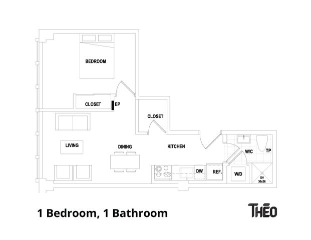Modern floor plan of a 1-bedroom, 1-bathroom apartment featuring a spacious living and dining area, efficient kitchen, and convenient closet space.