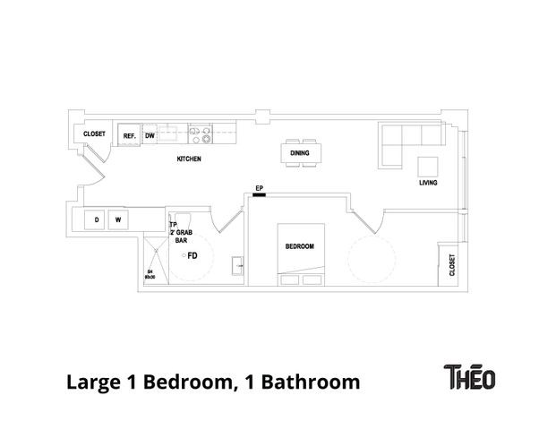 Spacious 1 bedroom, 1 bathroom floor plan featuring an open kitchen, dining area, and cozy living room with ample storage.