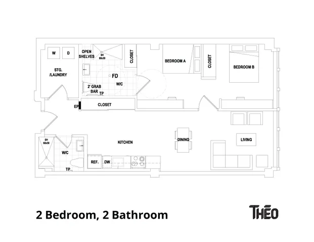 Modern floor plan highlighting 2 bedrooms and 2 bathrooms with an open kitchen and living area, featuring practical closets and a dining space.
