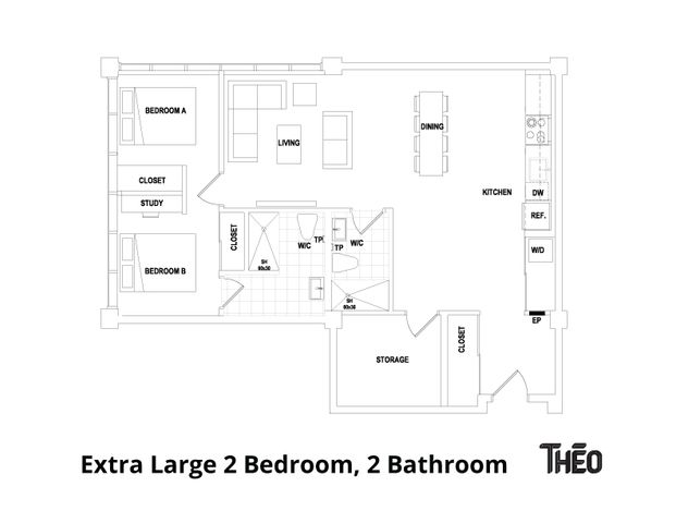 Spacious floor plan showcasing an extra-large 2 bedroom apartment with 2 bathrooms, a modern kitchen, open-concept living and dining area, and additional storage.