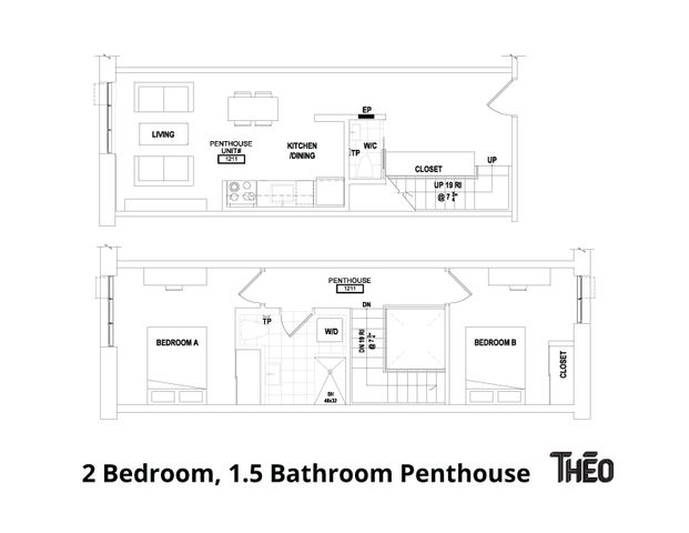 Elegant floor plan for a 2-bedroom, 1.5-bathroom penthouse featuring a modern living area, spacious kitchen/dining, and walk-in closets.