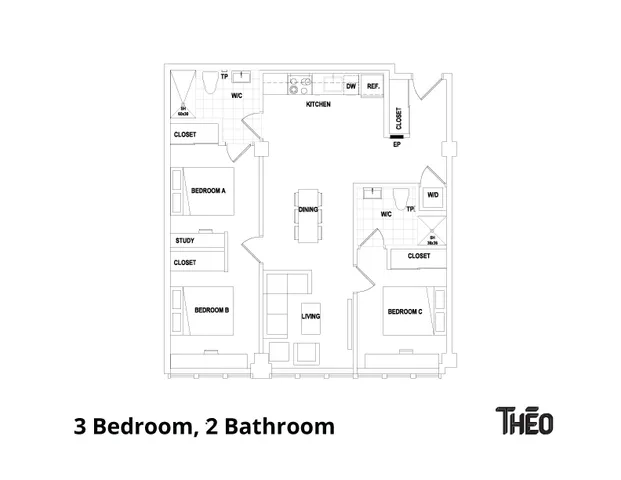 Spacious floor plan showcasing 3 bedrooms, 2 bathrooms, open kitchen with dining area, and a cozy living space.