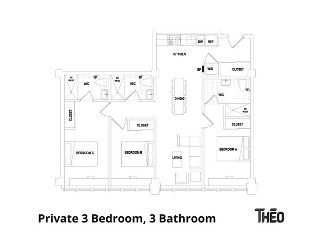 Theo floor plan displaying a luxurious layout with 3 private bedrooms, 3 bathrooms, an elegant kitchen, and a spacious living and dining area.