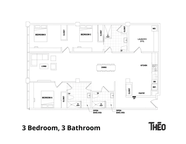 Contemporary 3-bedroom, 3-bathroom floor plan showcasing a spacious open-concept kitchen and living area, complete with convenient laundry and storage space.