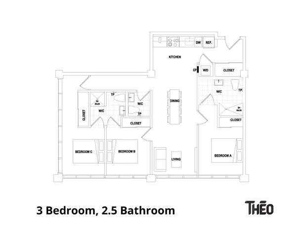Modern 3-bedroom, 2.5-bath apartment floor plan with open kitchen, dining area, and spacious living room.
