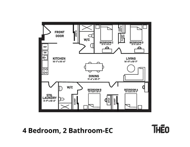 Chic 2D floor plan featuring 4 bedrooms, open living and dining area, spacious kitchen, and convenient laundry space.