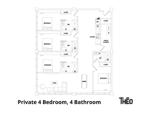 Spacious 4-bedroom, 4-bathroom floor plan featuring a modern kitchen, open living area, and dedicated pantry laundry.