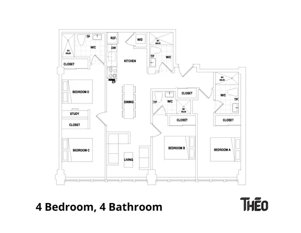 Elegant floor plan for a spacious 4-bedroom, 4-bathroom apartment featuring a modern kitchen, dedicated study area, and open living and dining spaces.