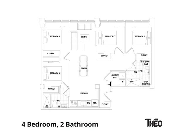 Spacious 4-bedroom, 2-bathroom floor plan featuring an open living and dining area, modern kitchen, and ample closet space.
