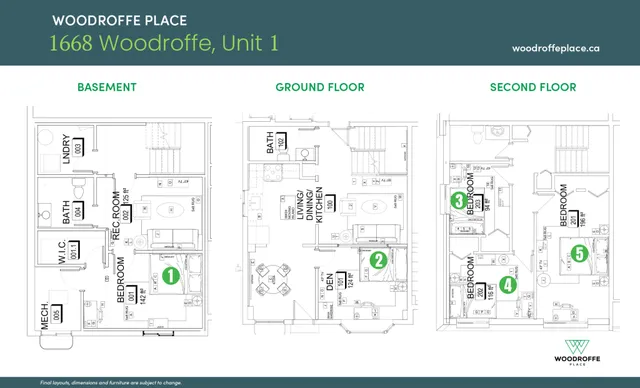 Elegant floor plan of Woodroffe Place Unit 1 featuring a basement with rec room and laundry, a ground floor with open living/dining kitchen area and den, and a second floor with three spacious bedrooms.
