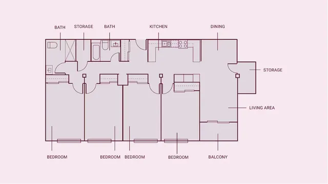 Elegant floor plan showcasing 4 bedrooms, a modern kitchen, spacious living area, and balcony, ideal for comfortable living.