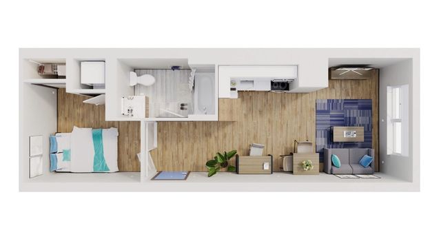 Contemporary 3D floor plan featuring a cozy bedroom, modern bathroom, compact kitchen, and inviting living area with stylish decor.