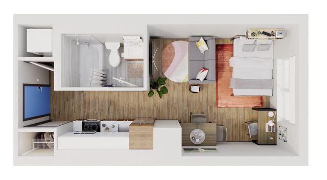Chic studio apartment floor plan featuring an integrated living and bedroom area with stylish furnishings, a modern kitchen, and a compact bathroom.