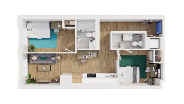 Charming 2D floor plan showcasing two cozy bedrooms, modern kitchen, stylish living area, and two bathrooms with sleek design.