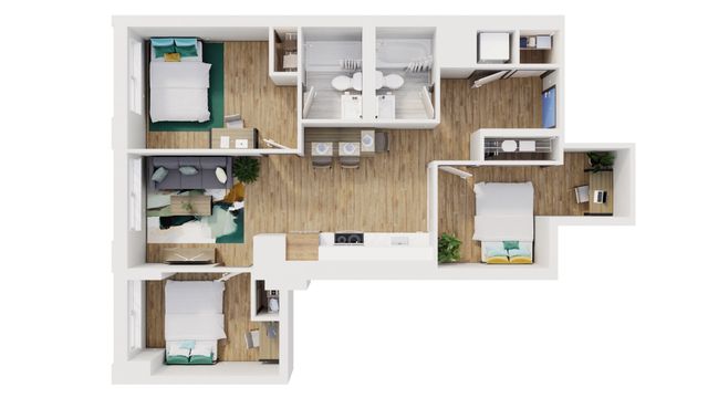 Elegant 3D floor plan displaying 3 cozy bedrooms, a modern kitchen with island seating, a vibrant living room, and dual stylish bathrooms.