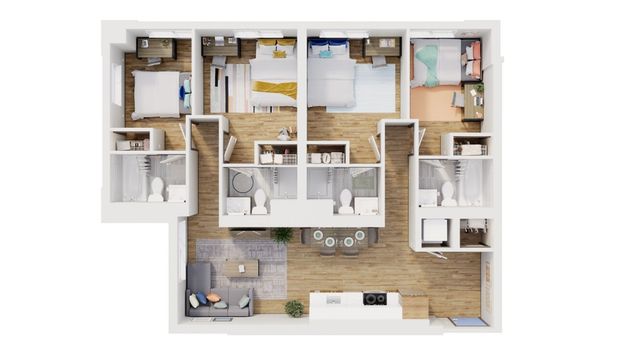 Modern 4-bedroom apartment floor plan with open living and dining area, spacious kitchen, and two elegant bathrooms.