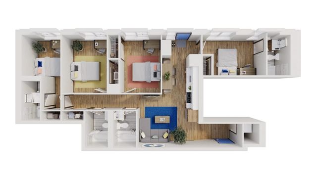 Modern apartment floor plan showcasing three bedrooms, open living and dining area, and cozy kitchen layout.