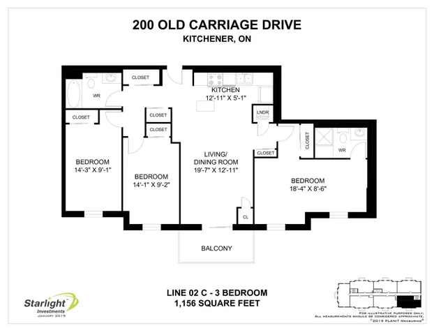 Modern floor plan for 200 Old Carriage Drive, Kitchener, featuring 3 bedrooms, a spacious living/dining area, and a compact kitchen. Includes a balcony for outdoor enjoyment, covering 1,156 square feet.