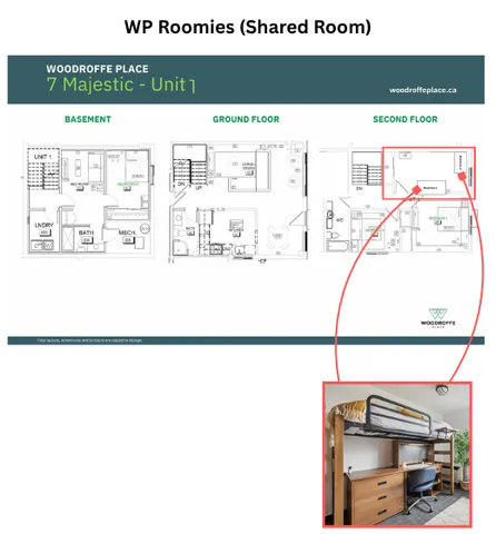 Modern floor plan at Woodroffe Place showcasing basement, ground, and second floor layouts, including a cozy shared room with a stylish loft bed and workspace.