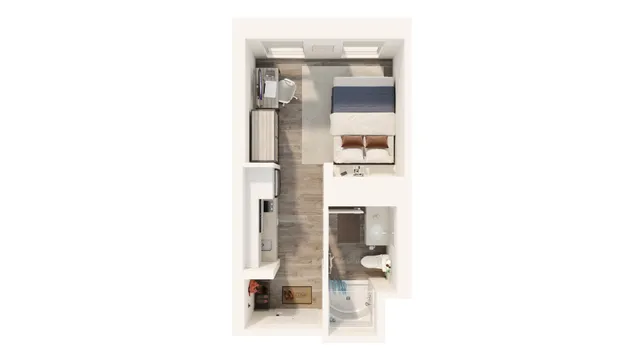 Elegant floor plan featuring a cozy bedroom, modern bathroom, and compact kitchen with stylish design.
