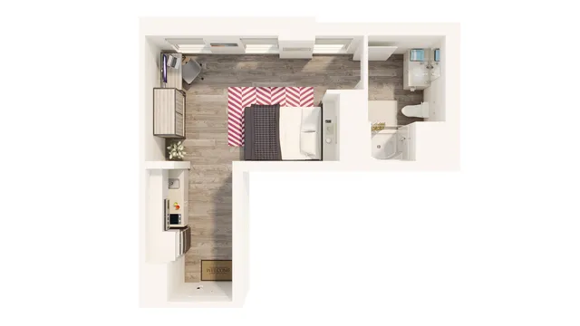 Chic studio apartment floor plan featuring a cozy bedroom, stylish workspace, modern bathroom, and a compact kitchenette, perfect for urban living.