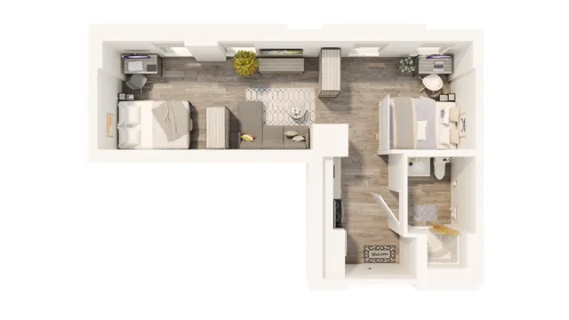 Modern 2D floor plan showcasing 2 cozy bedrooms, an inviting living area, and a compact bathroom, accented with elegant hardwood flooring.