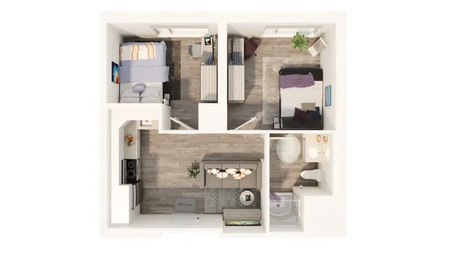 Modern 2D floor plan showcasing two bedrooms, a cozy living space, and a functional kitchen with bright natural lighting.