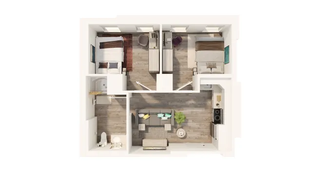Modern 3D floor plan showcasing 2 cozy bedrooms, a contemporary open living area, and a sleek kitchen, ideal for comfortable urban living.