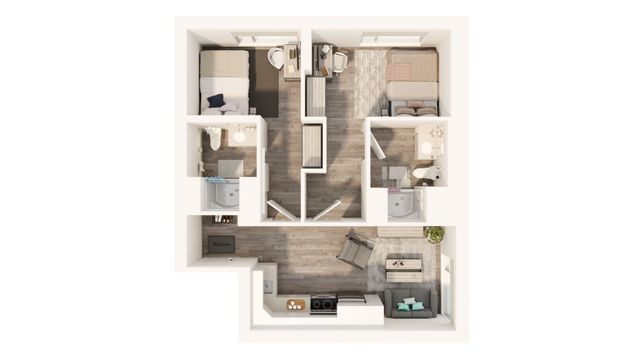 Modern 2-bedroom apartment floor plan with inviting living space, 2 bathrooms, and a streamlined kitchen.