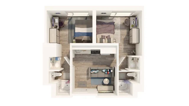 Chic 2-bedroom apartment floor plan with two modern bathrooms, cozy living area, and functional kitchen, ideal for urban living.