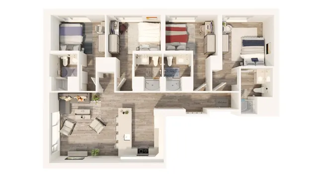 Modern 3D floor plan showcasing a stylish apartment with three bedrooms, open living and dining area, and two bathrooms.