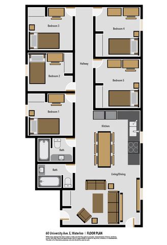 Spacious floor plan at 60 University Ave, Waterloo, featuring five bedrooms, large living and dining area, and modern kitchen.