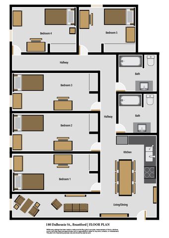 Bright and spacious floor plan at 180 Dalhousie St, Brantford, featuring five cozy bedrooms, modern kitchen, and open living/dining area.