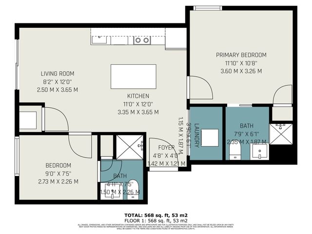 Modern 2D floor plan showcasing a 2-bedroom apartment with an open kitchen, cozy living room, and convenient laundry area, totaling 568 sq. ft.