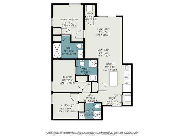Modern floor plan showcasing 3 bedrooms, spacious living room, and a well-organized kitchen with dining area, ideal for comfortable living.