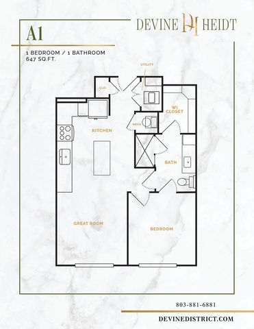 Devine Heidt floor plan A1 featuring 1 bedroom, a modern kitchen, and a spacious great room, covering 647 sq ft.
